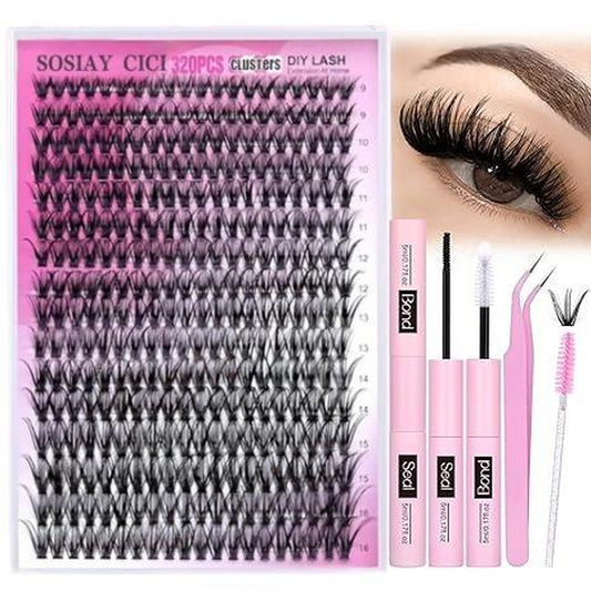 DIY Lash Extension Kit Volume Lash Clusters 40D D Curl Individual Lashes Lash Clusters Kit Thick Eyelash Extension Kit Thin Band Cluster Lashes Lash Bond and Seal and Lash Tweezers Bundle Sets - 40D(320Pcs) /80D+100D(280Pcs) - Thanksgiving Christmas Gift